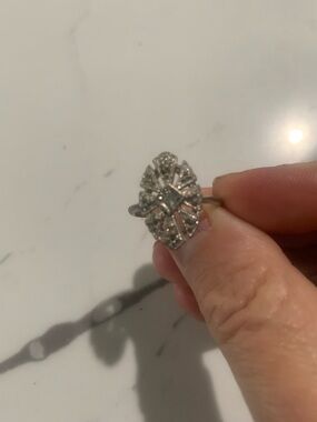 Vintage Silver toned Floral Marquise Ring with Clear Stones size 9